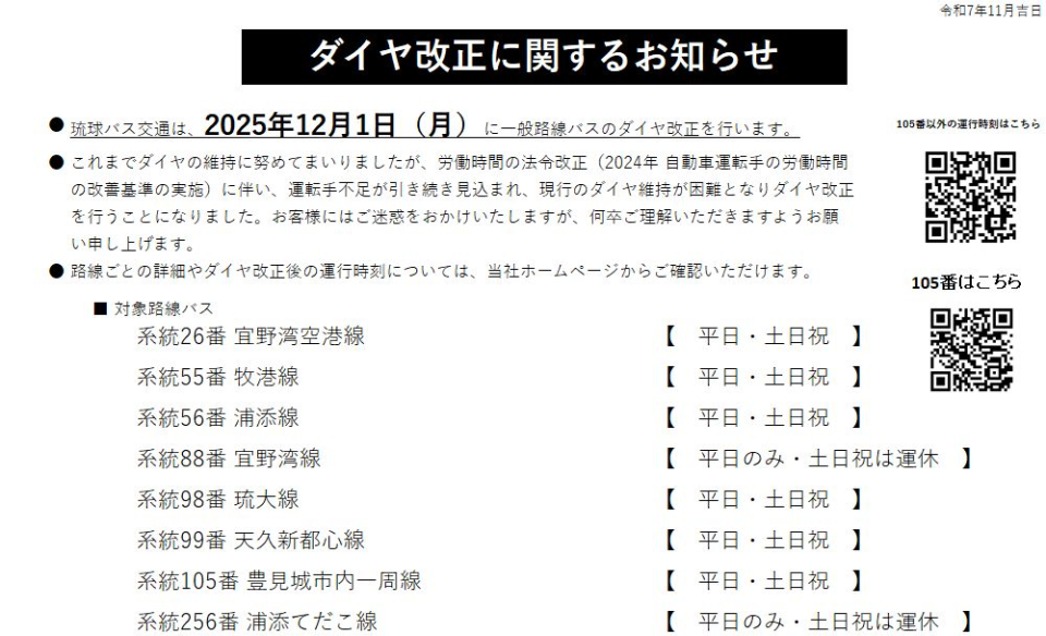 ■ 26番 宜野湾空港線
■ 55番 牧港線
■ 56番 浦添線
■ 88番 宜野湾線
■ 98番 琉大線
■ 99番 天久新都心線
■ 105番 豊見城市内一周線
■ 256番 浦添てだこ線 ※土日祝は運休 

【12月1日】#琉球バス交通 ダイヤ改正のお知らせ | 琉球バス交通 那覇バス 公式サイト https://daiichibus.co.jp/news/2025110801/